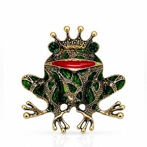 Vintage-Gold Tone Frog Brooch with Green and Red Enamel